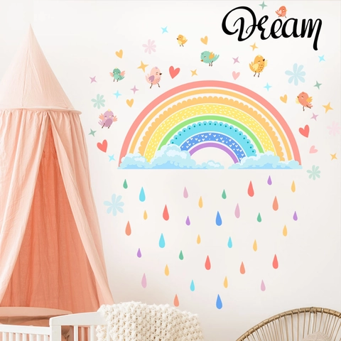 Watercolor Rainbow Clouds Birds Wall Stickers PVC DIY Removable Decals For Kids Nursery Room Decor Bedroom Decoration