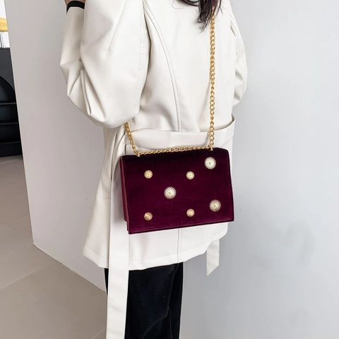 Vintage Fluwelen Ketting Crossbody Tas Voor Dames Luxe Zonnestraal Klinknagels Schoudertas Mode Vierkante Handtas Avondclutch