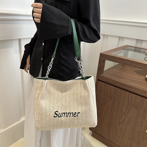Summer Stickerei Stroh Gewebte Tragetasche Große Kapazität Strandurlaub Handtasche Für Frauen Kette PU Leder Riemen