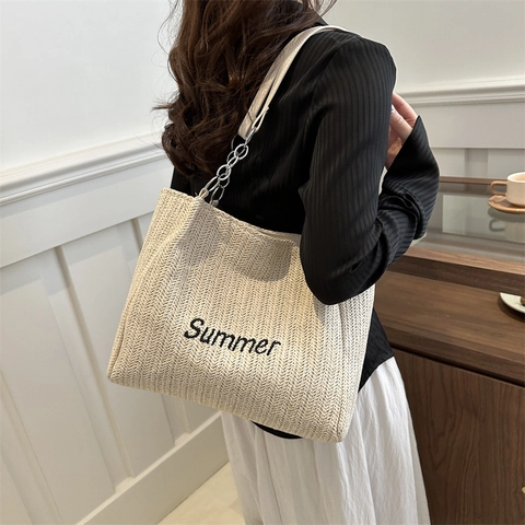 Summer Stickerei Stroh Gewebte Tragetasche Große Kapazität Strandurlaub Handtasche Für Frauen Kette PU Leder Riemen