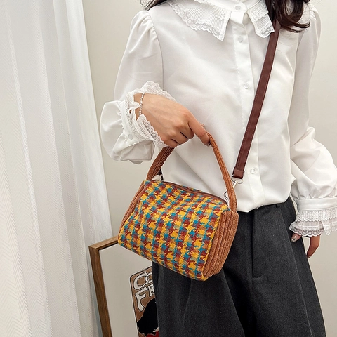 Vintage Houndstooth Patchwork Handbag For Women Contrast Color Tweed Shoulder Bag With Corduroy Trim Retro Small Square Crossbody