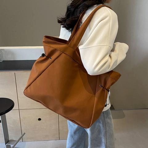 Women Large Capacity Tote Bag Minimalist Solid Color Nylon Fabric Shoulder Bag With Side Drawstring Casual Shopping Handbag