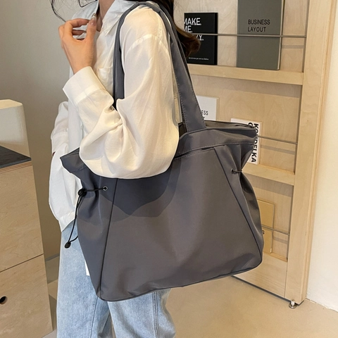Women Large Capacity Tote Bag Minimalist Solid Color Nylon Fabric Shoulder Bag With Side Drawstring Casual Shopping Handbag