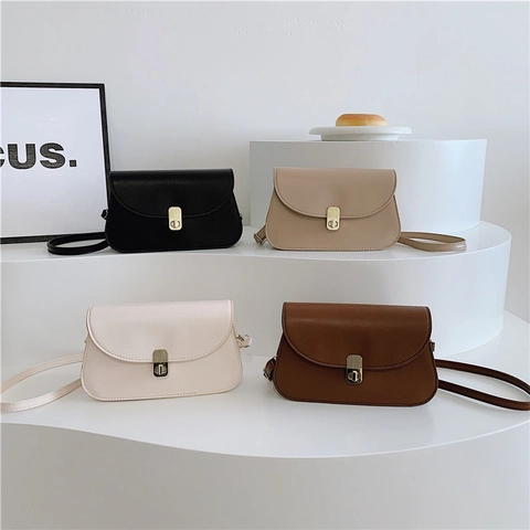 Trendy Retro PU Leather Crossbody Bag For Women Fashion Solid Color Small Square Saddle Bag With Gold Turn Lock Shoulder Bag
