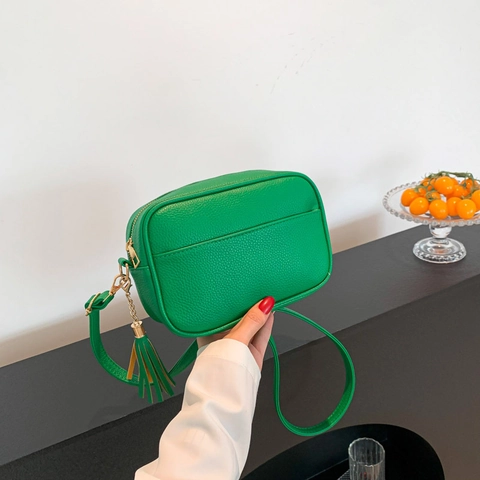 Bolso Bandolera de Moda para Mujer en Cuero PU Granulado Litchi Tipo Cámara Con Borla Correa Ancha Geométrica Bolso Cuadrado