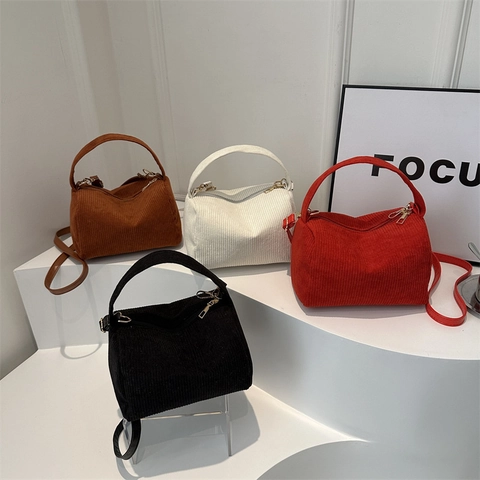 Petit Sac à Épaule en Velours Côtelé Vintage Pour Femme Sac à Bandoulière Rétro Sangle Réglable Sac à Main Fermeture Éclair