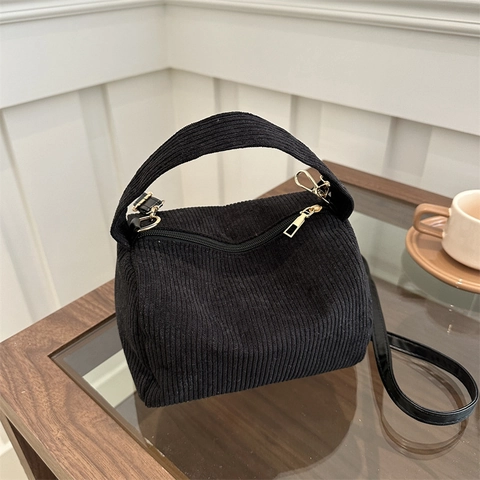 Petit Sac à Épaule en Velours Côtelé Vintage Pour Femme Sac à Bandoulière Rétro Sangle Réglable Sac à Main Fermeture Éclair