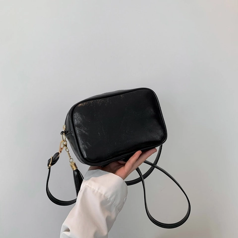 Women Retro PU Leather Small Square Bag Minimalist Camera Crossbody Bag With Tassel And Wide Strap Daily Shoulder Bag