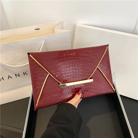 Bolso Sobre de Mano Elegante para Mujer Cuero PU Patrón Cocodrilo Ribete de Metal Dorado Cierre Magnético Bolso de Noche Banquete