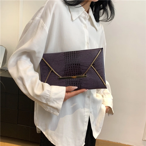 Bolso Sobre de Mano Elegante para Mujer Cuero PU Patrón Cocodrilo Ribete de Metal Dorado Cierre Magnético Bolso de Noche Banquete