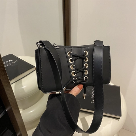 Lace Up PU Leather Shoulder Bag Women Corset Design Rectangular Underarm Crossbody Bag With Metal Eyelets