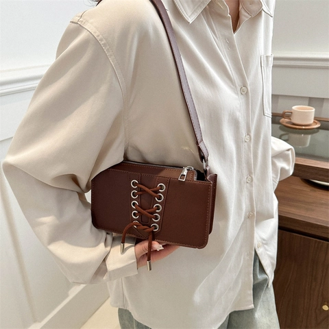 Lace Up PU Leather Shoulder Bag Women Corset Design Rectangular Underarm Crossbody Bag With Metal Eyelets