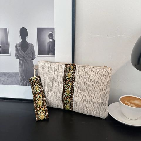 Stroh Gewebte Clutch Bag Für Frauen Ethnische Blumen Stickerei Böhmische Sommer Strand Handtasche Mit Abnehmbarer Handschlaufe