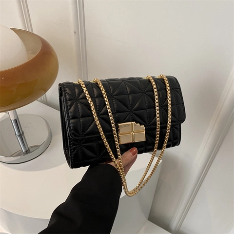 Fashion Women Quilted Shoulder Bag PU Leather Gold Chain Crossbody Bag Rhombic Pattern Small Square Messenger Bag