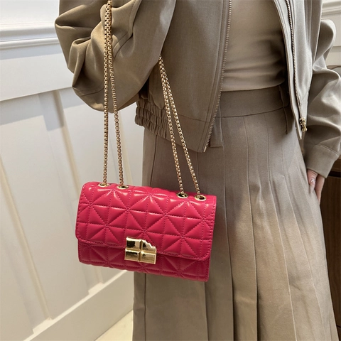 Fashion Women Quilted Shoulder Bag PU Leather Gold Chain Crossbody Bag Rhombic Pattern Small Square Messenger Bag