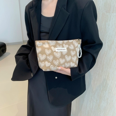 Fashion Heart Pattern Canvas Mini Handbag With Artificial Pearl Wrist Strap Portable Makeup Storage Bag Sweet Coin Purse For Women