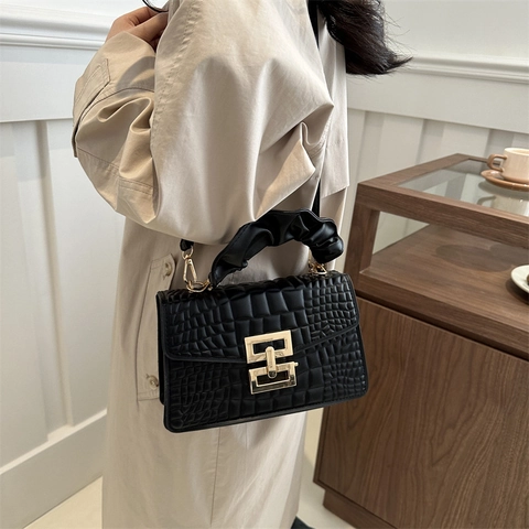 Women Crocodile Pattern PU Leather Square Handbag Ruched Cloud Handle Gold Metal Lock Crossbody Shoulder Bag