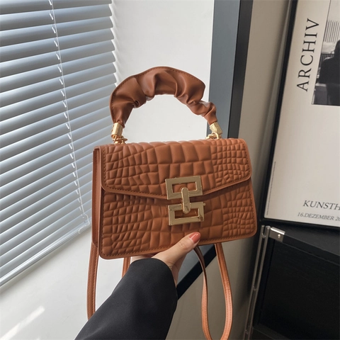 Women Crocodile Pattern PU Leather Square Handbag Ruched Cloud Handle Gold Metal Lock Crossbody Shoulder Bag