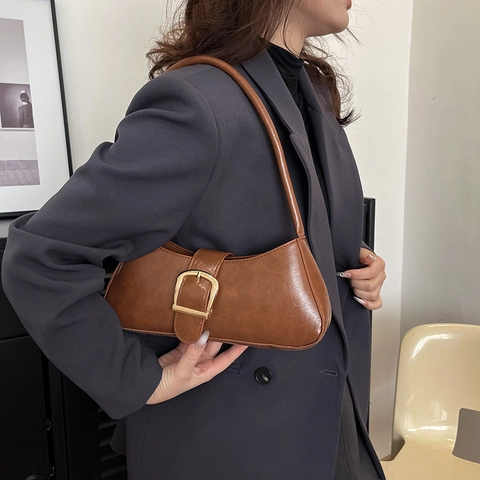Bolso Baguette Retro De Cuero PU Bolso De Hombro Axila Color Sólido Elegante Moda Hebilla Dorada Cuadrada Para Mujer Diario