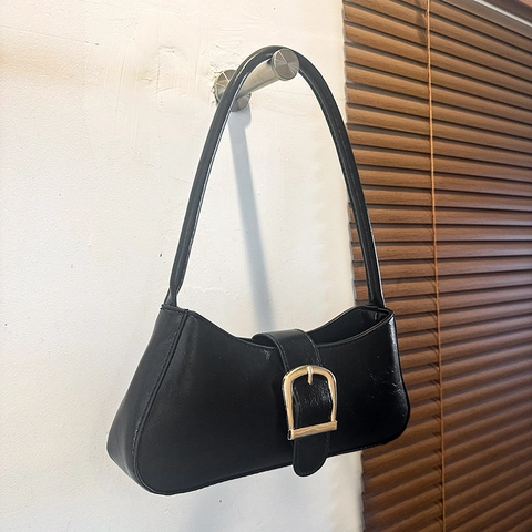 Bolso Baguette Retro De Cuero PU Bolso De Hombro Axila Color Sólido Elegante Moda Hebilla Dorada Cuadrada Para Mujer Diario