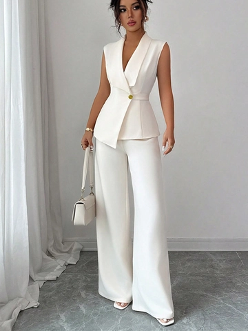 Damen Elegant Ärmellos Weste Und Weite Hosen Outfit Polyester Einfarbig Büro Dame Business Casual Anzug Oberteil Und Unterteil