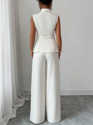 Damen Elegant Ärmellos Weste Und Weite Hosen Outfit Polyester Einfarbig Büro Dame Business Casual Anzug Oberteil Und Unterteil