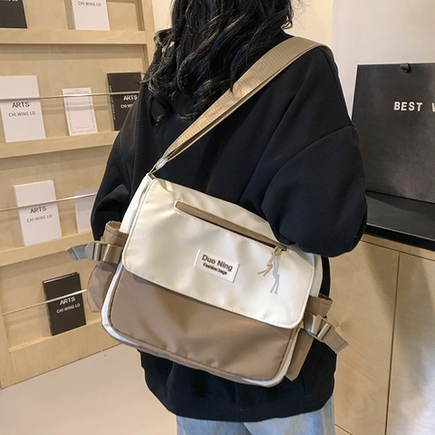 Große Kapazität Leinwand Umhängetasche Für Damen Japanischer Workwear Stil Farbblock Schultertasche Schule Alltag Messenger Bag