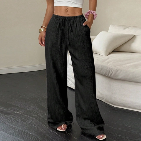 Women Casual High Waist Wide Leg Pants Pleated Texture Elastic Drawstring Waist Solid Color Loose Long Trousers Pockets