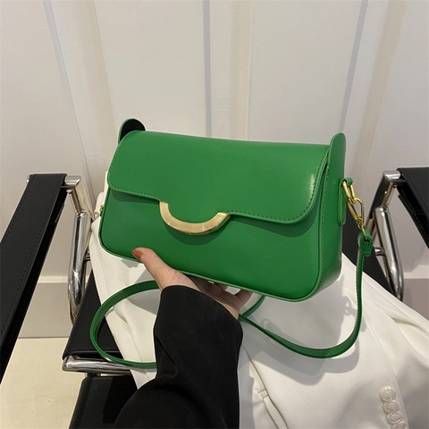 Bolso de Hombro de Cuero PU Simple para Mujer Con Hebilla de Metal Dorado Bolso de Mano Cuadrado Pequeño Color Sólido Diario Satchel