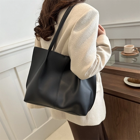 Dames Tote Bag PU Leer Grote Capaciteit Minimalistisch Retro Woon-Werkverkeer Schouder Handtas Verticale Naad Mode