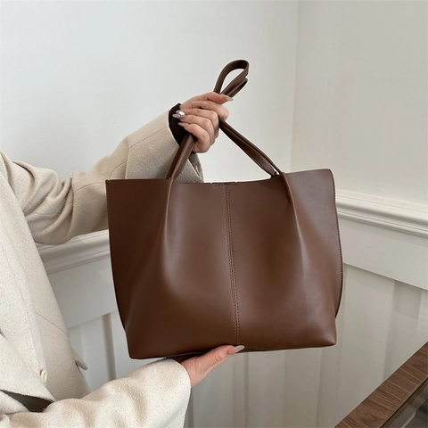 Dames Tote Bag PU Leer Grote Capaciteit Minimalistisch Retro Woon-Werkverkeer Schouder Handtas Verticale Naad Mode