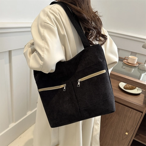 Women's Minimalist Corduroy Tote Bag With Double Zipper Pockets Casual Large Capacity Shoulder Bag Versatile Work School Handbag