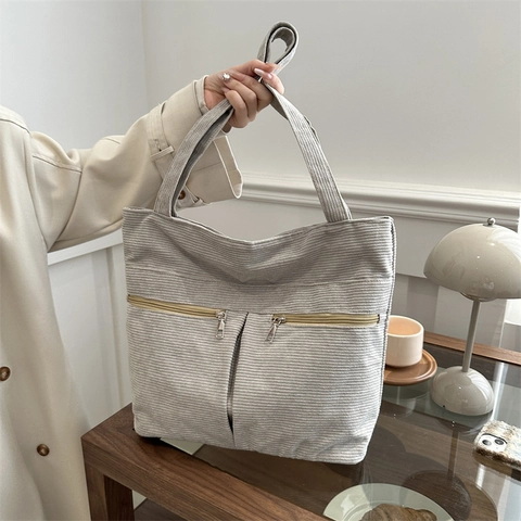 Women's Minimalist Corduroy Tote Bag With Double Zipper Pockets Casual Large Capacity Shoulder Bag Versatile Work School Handbag