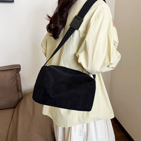 Corduroy Crossbody Bag For Women Solid Color Casual Shoulder Bag With Adjustable Wide Strap Vintage Pillow Shape