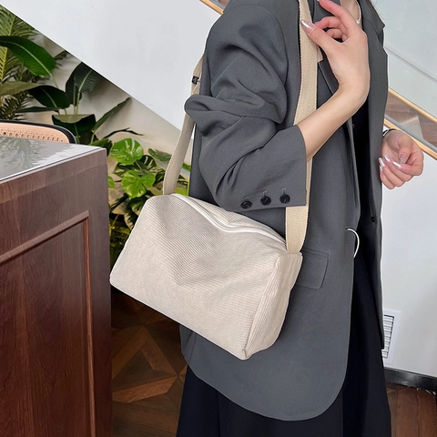 Corduroy Crossbody Bag For Women Solid Color Casual Shoulder Bag With Adjustable Wide Strap Vintage Pillow Shape