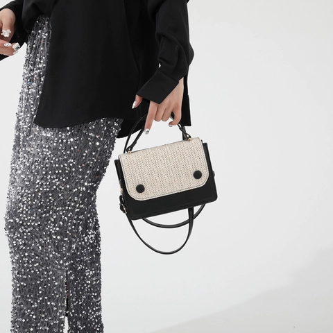 Damen Geflochtene Patchwork Kleine Quadratische Tasche Stilvolle Strohtextur Umhängetasche Verstellbarer Gurt Crossbody Handtasche