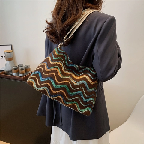 Vintage Wellenmuster Gestrickte Schulter Tote Bag Für Damen Bohemian Ethno Stickerei Große Kapazität Unterarmtasche Tägliche Reise