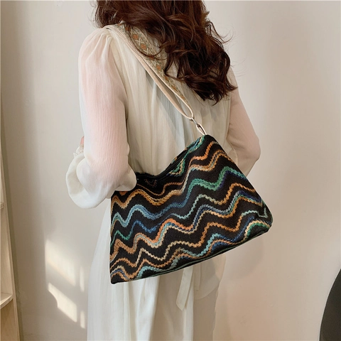 Vintage Wellenmuster Gestrickte Schulter Tote Bag Für Damen Bohemian Ethno Stickerei Große Kapazität Unterarmtasche Tägliche Reise