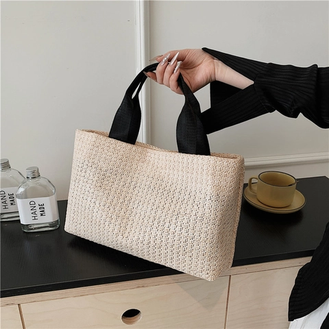 Borsa Tote Intrecciata di Grande Capacità Donna Borsa a Spalla in Paglia Minimalista Estate Spiaggia Vacanza Borsa a Mano