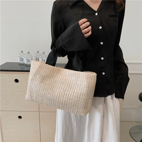 Borsa Tote Intrecciata di Grande Capacità Donna Borsa a Spalla in Paglia Minimalista Estate Spiaggia Vacanza Borsa a Mano