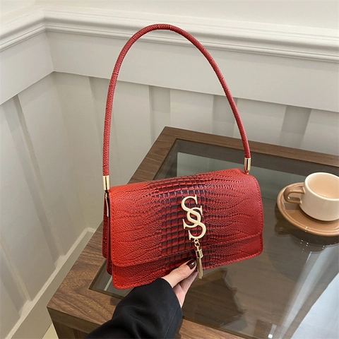 Damen Krokodilmuster PU Leder Umhängetasche Mit Metall Logo Quaste Retro Achseltasche Crossbody Kleine Quadratische Tasche