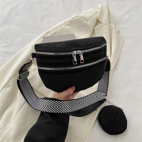 Women Fashion Rhinestone Chest Bag And Round Coin Purse Sequin Waist Bag Street Style Crossbody Bag Wide Patterned Strap
