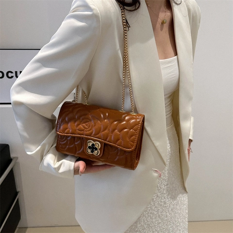 Sac À Bandoulière Pour Femme En Cuir PU Matelassé Camélia Chaîne Dorée Boucle Fleur Élégant Petit Sac Carré
