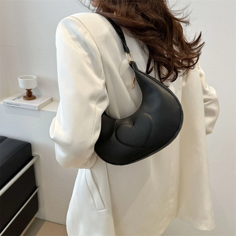 Bolso De Hombro Axila Con Relieve De Corazón Cuero PU Media Luna Hobo Mano Minimalista Color Sólido Streetwear Mujeres
