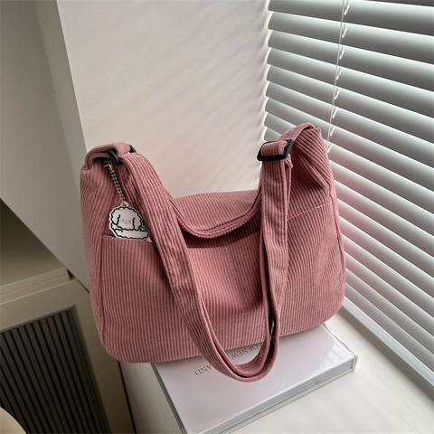 Sac à Épaule en Velours Côtelé pour Femmes Grande Capacité Sac Hobo Bandoulière Mode Coréenne Sac Cabas Rayé Avec Porte-Clés Cartoon