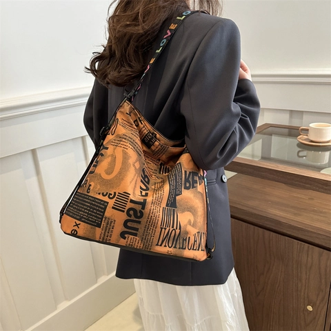 Women's Newspaper Print Nylon Tote Bag Large Capacity Shoulder Bag With Colorful Letter Strap Casual Streetwear Handbag