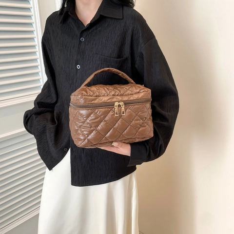Borsa Cosmetica Trapuntata di Grande Capacità Motivo a Rombi Nylon Borsa Porta Trucco Trousse da Viaggio per Donna Doppia Cerniera