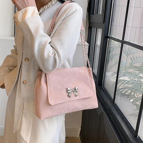 Women PU Leather Shoulder Bag With Bow Decoration Chain Strap Large Capacity Minimalist Underarm Bag Daily Commute Purse