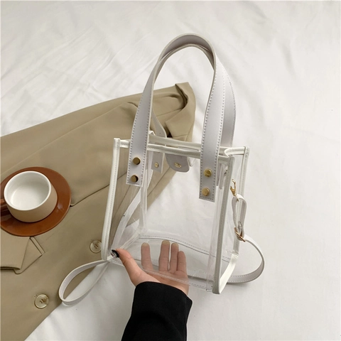 Women Fashion Transparent PVC Tote Bag With PU Leather Trim Gold Rivets Small Jelly Crossbody Shoulder Bag Summer Handbag