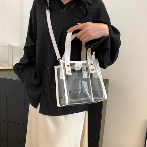 Women Fashion Transparent PVC Tote Bag With PU Leather Trim Gold Rivets Small Jelly Crossbody Shoulder Bag Summer Handbag